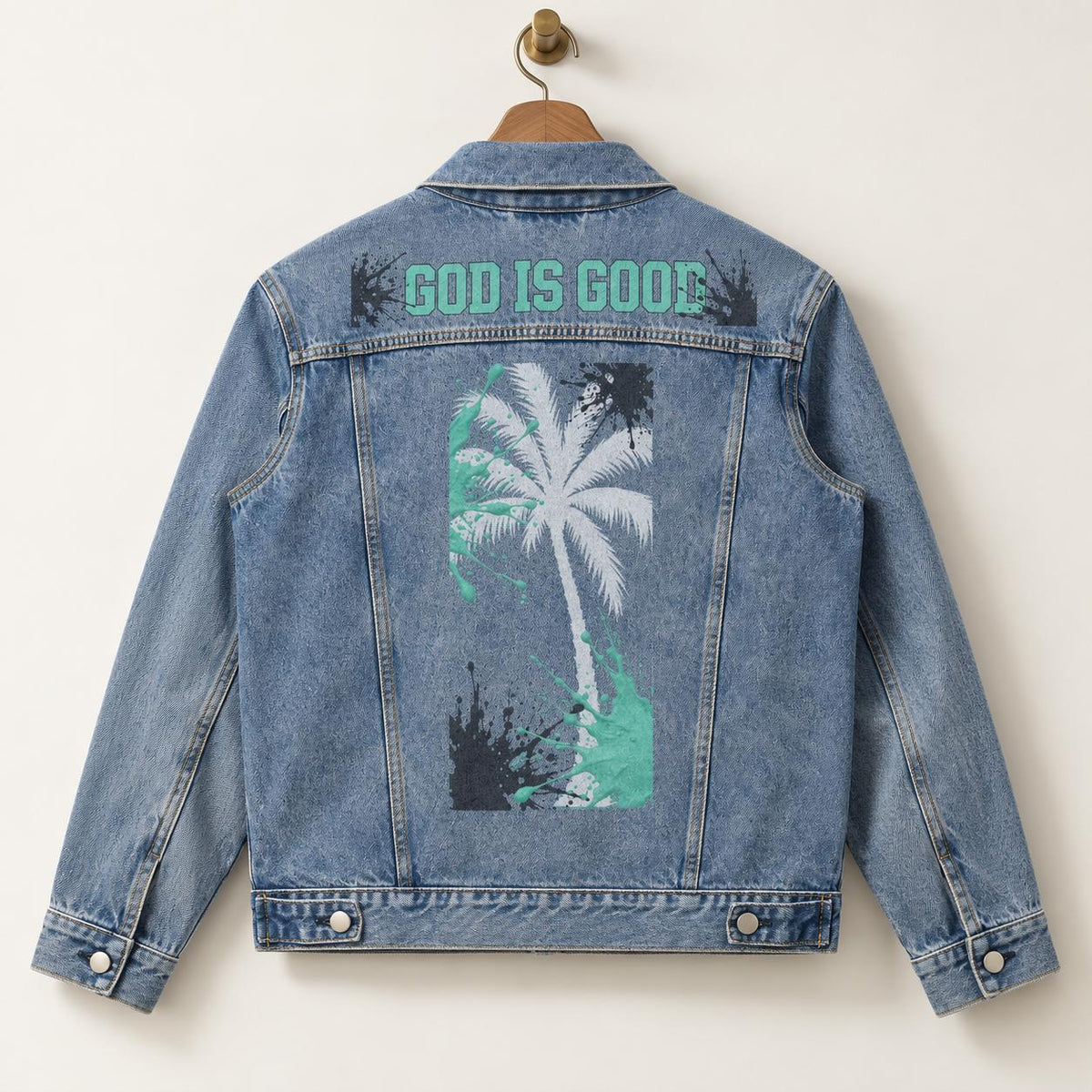 God Is Good Denim Jacket, Washed Blue Trucker Jacket with Palm Tree Graphic - Streetwear