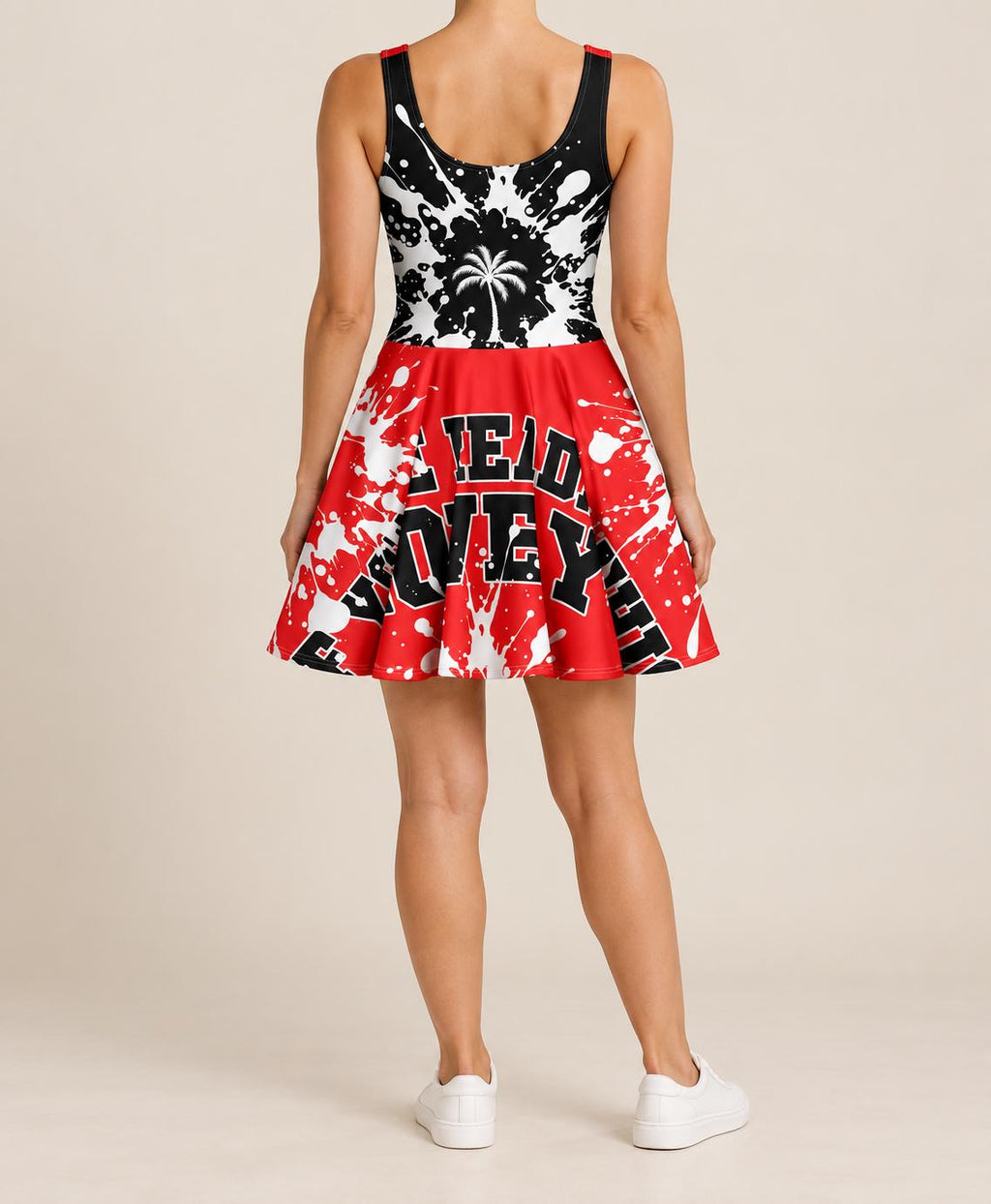 Red Black Palm Tree Skater Dress, Paint Splatter Print, God Is Good Lettering