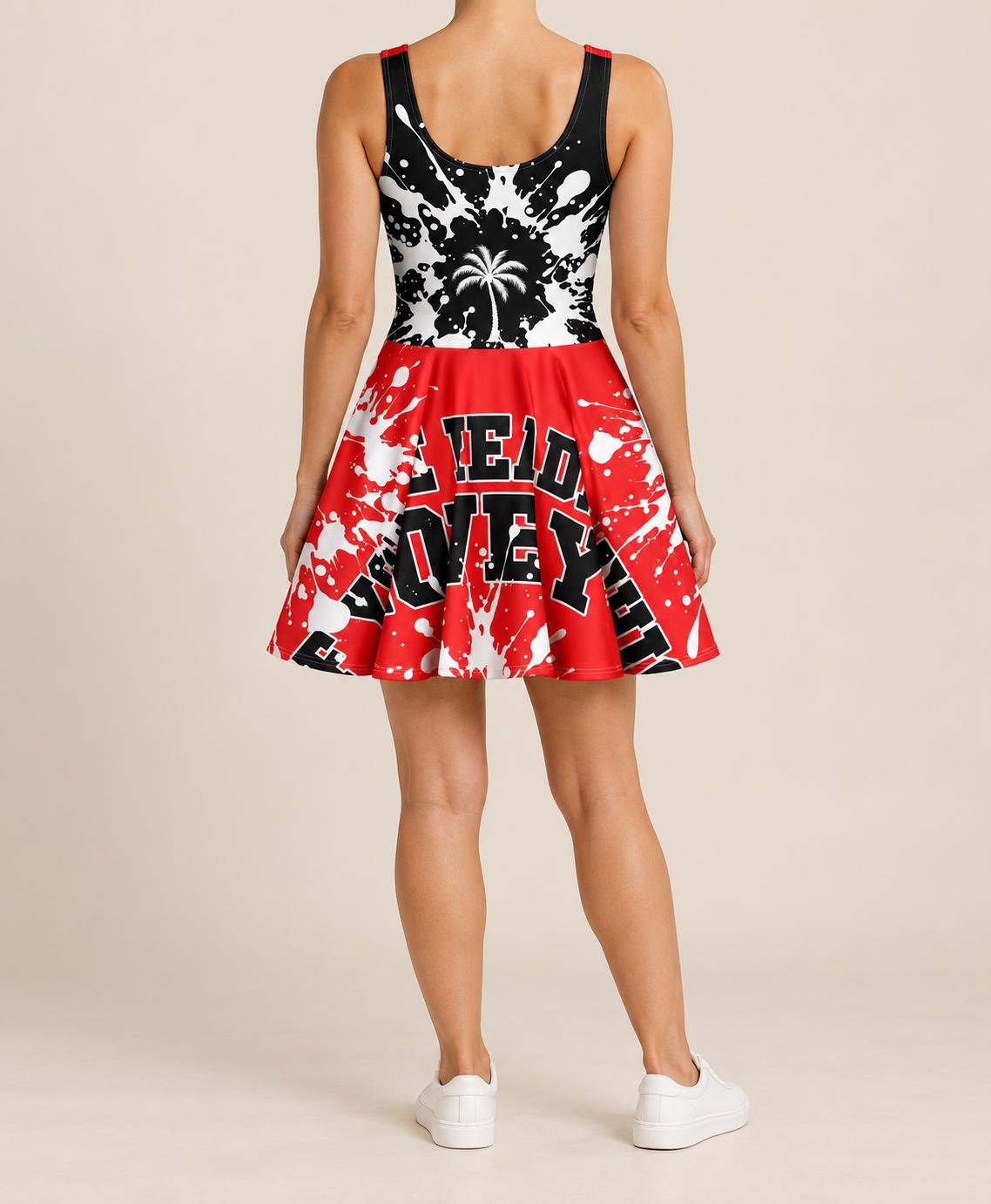 Red Black Palm Tree Skater Dress, Paint Splatter Print, God Is Good Lettering
