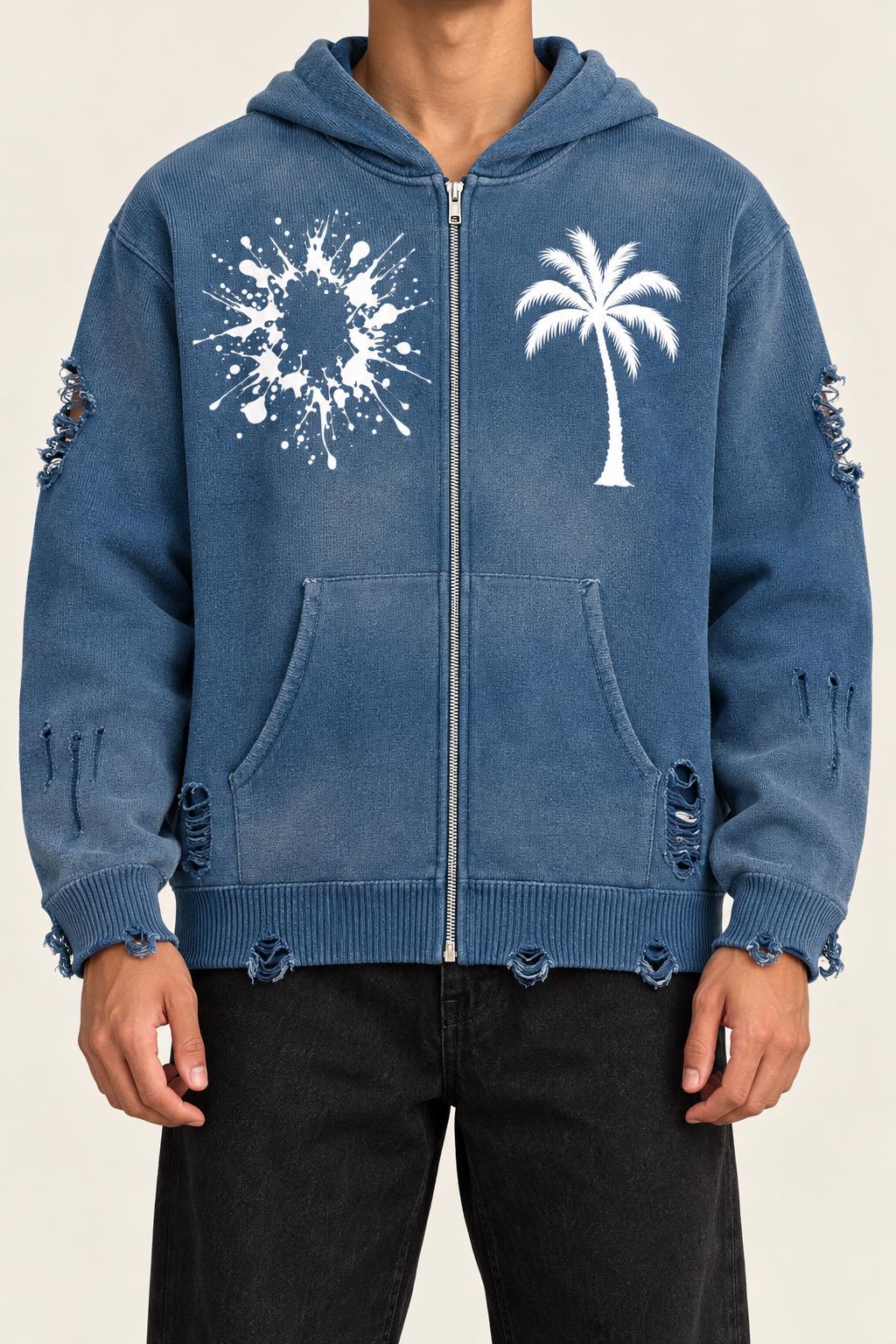 Distressed Blue Knit Zip Hoodie, Palm Tree Splatter Graphics, Christian Streetwear