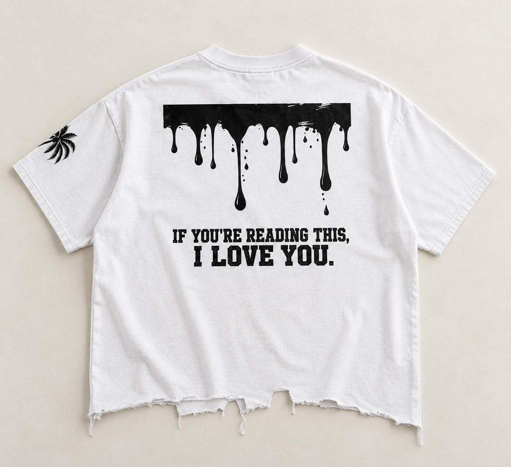 Oversized White T-Shirt, Black Palm Tree, Distressed Hem, Christian Streetwear