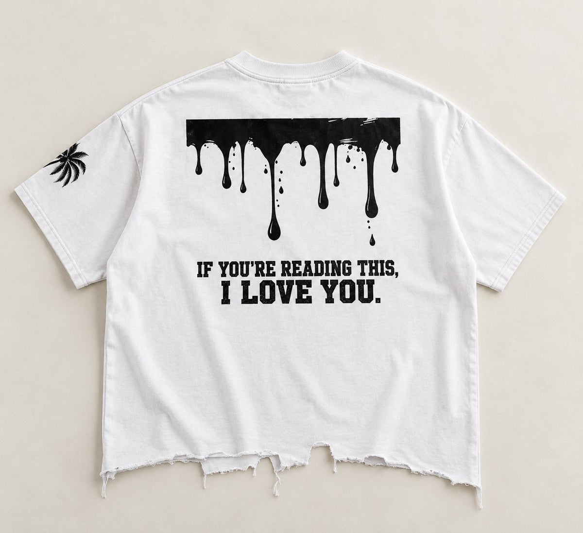 Oversized White T-Shirt, Black Palm Tree, Distressed Hem, Christian Streetwear