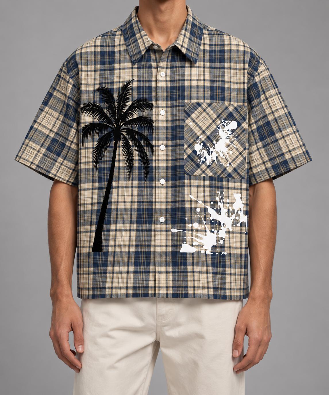 Navy Cream Plaid Button-Up Shirt, Palm Tree Graphic, Oversized Streetwear