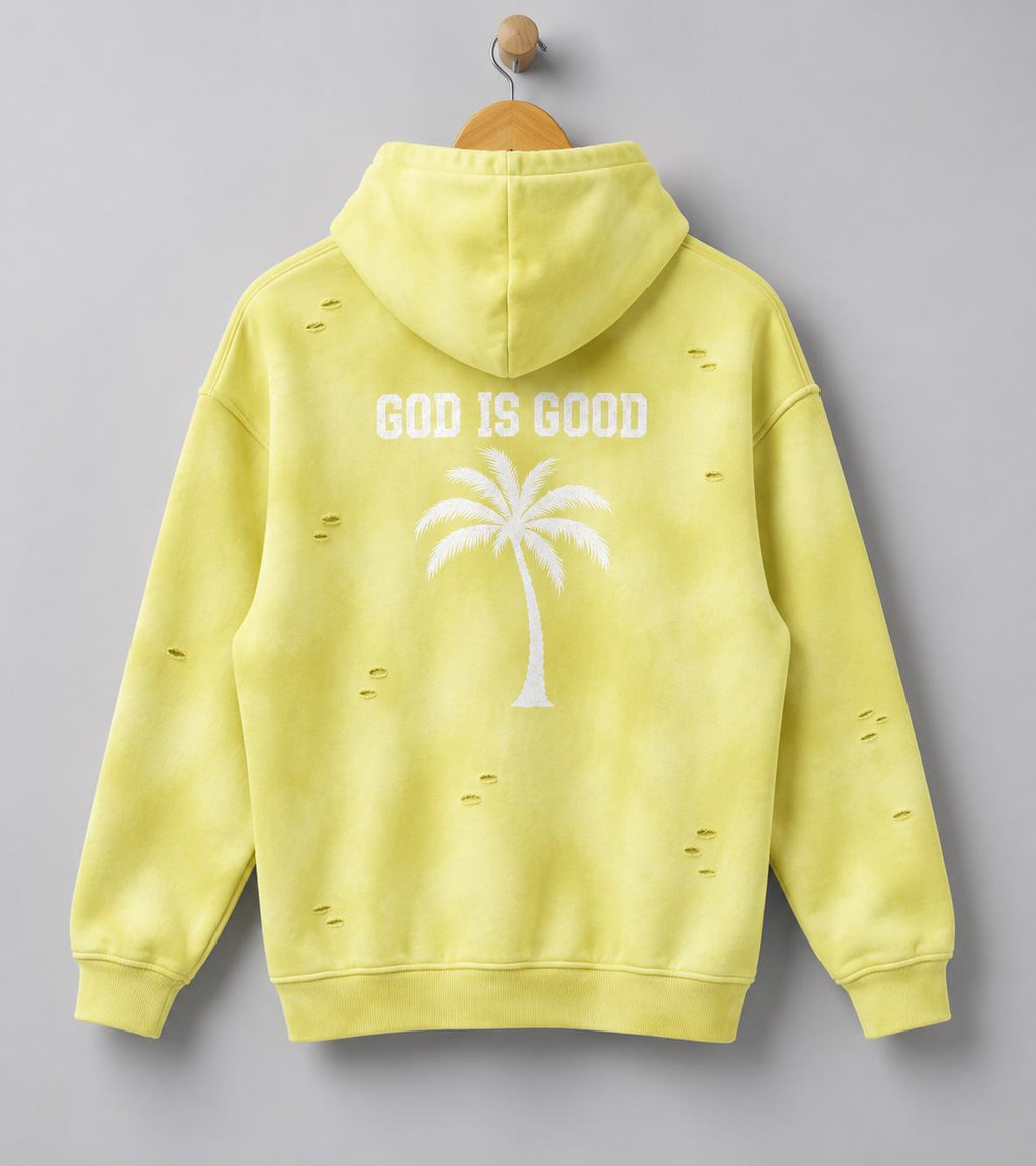 Yellow Distressed God Is Good Hoodie, Palm Tree Graphic Pullover, Oversized Christian Streetwear