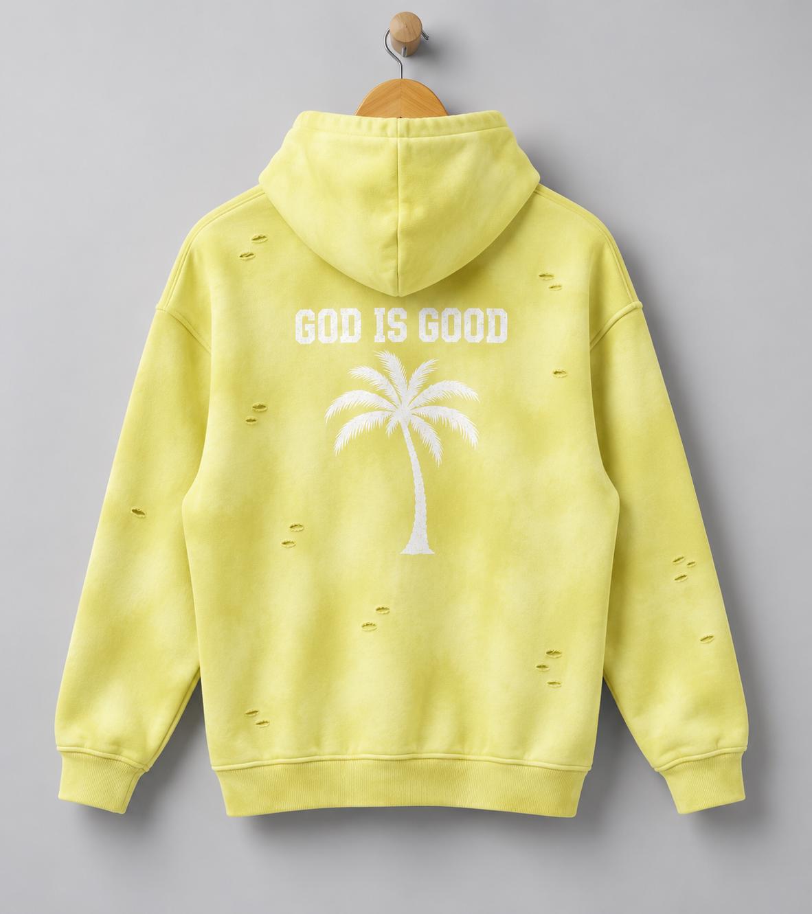 Yellow Distressed God Is Good Hoodie, Palm Tree Graphic Pullover, Oversized Christian Streetwear
