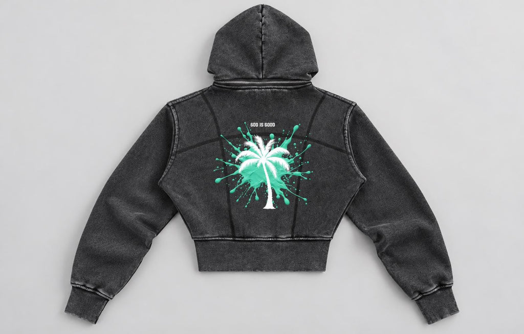 Washed Charcoal Cropped Hoodie, Palm Tree Paint Splash, Faith Streetwear