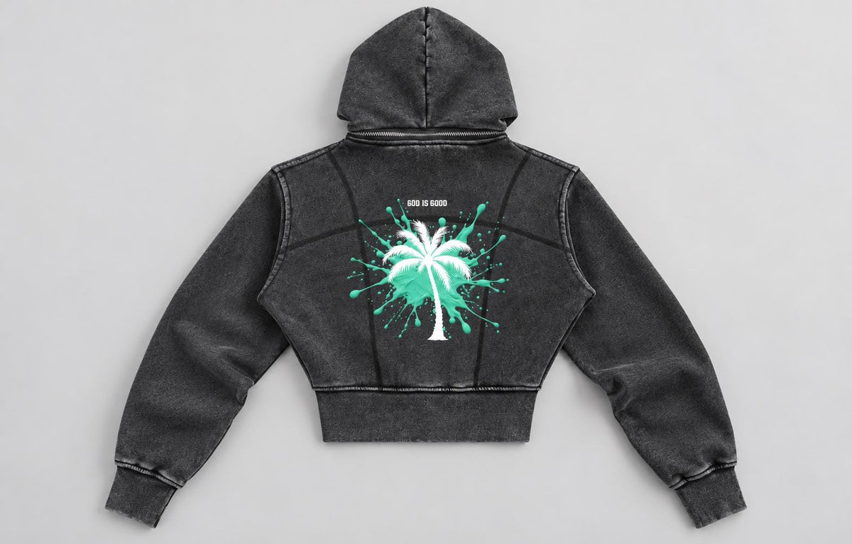 Washed Charcoal Cropped Hoodie, Palm Tree Paint Splash, Faith Streetwear