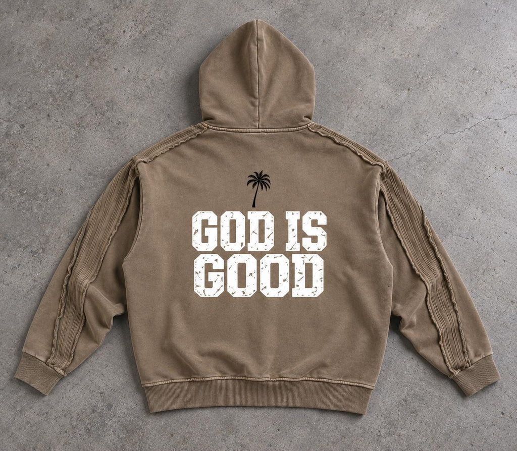 Washed Taupe Oversized Hoodie, Palm Tree Graphic, Exposed Seam Streetwear