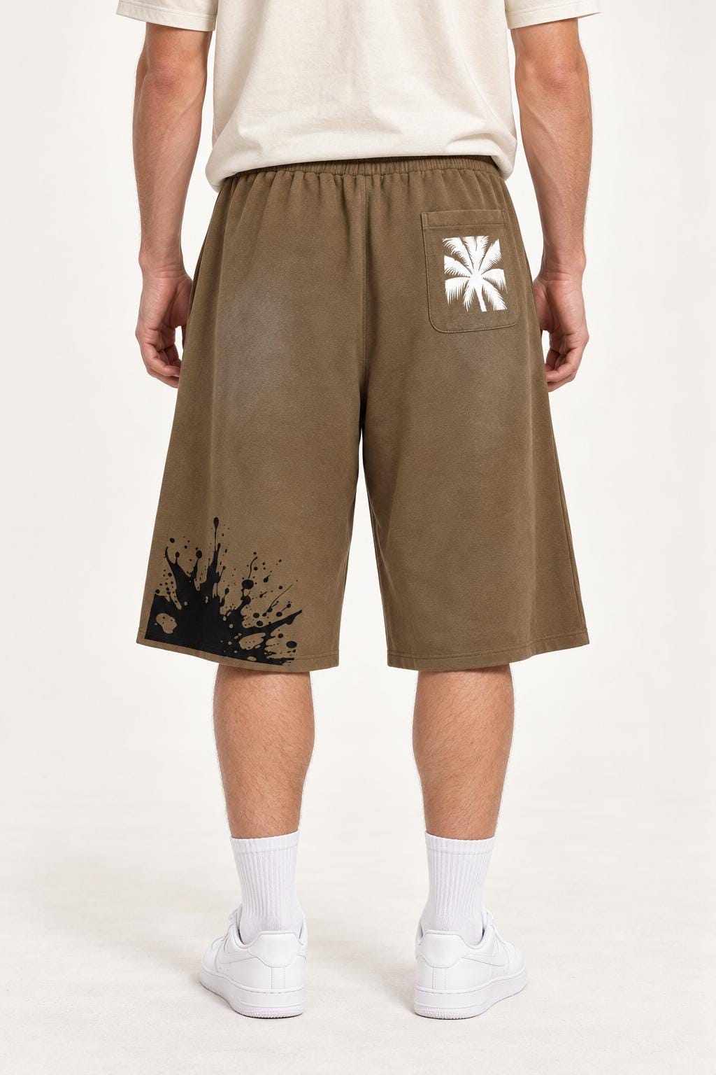 Men's Brown Palm Tree Sweat Shorts, Wide Leg, Paint Splatter Graphic (Cotton Blend)