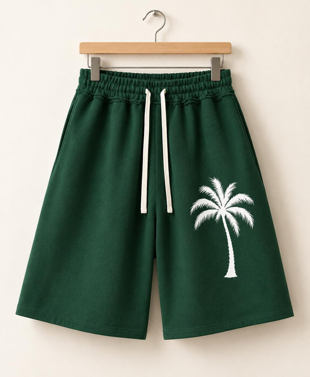 Forest Green Palm Tree Sweat Shorts, White Paint Splatter Graphic, Relaxed Fit