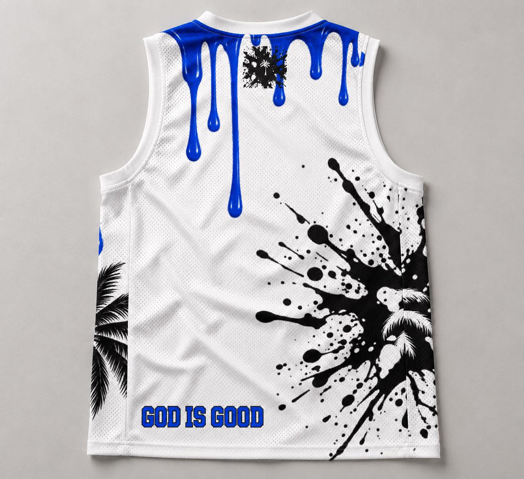 Limited Edition Basketball Jersey, Royal Blue Palm Tree Print, God Is Good (88)
