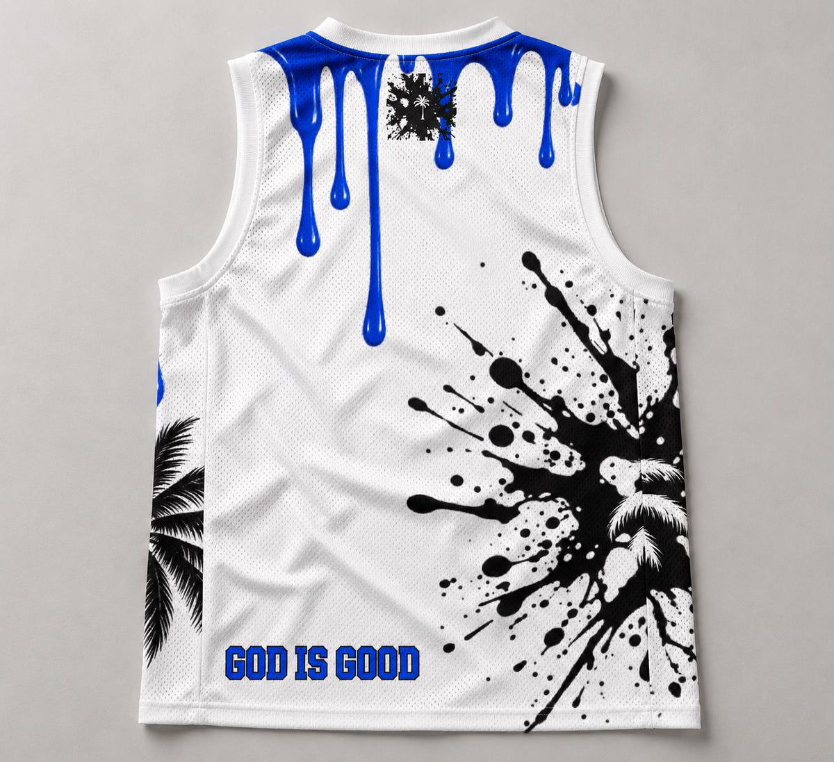 Limited Edition Basketball Jersey, Royal Blue Palm Tree Print, God Is Good (88)