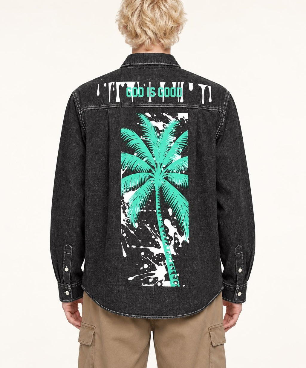 Washed Black Denim Shirt, Palm Tree & Paint Splatter Graphics, Men's Long Sleeve Button-Up