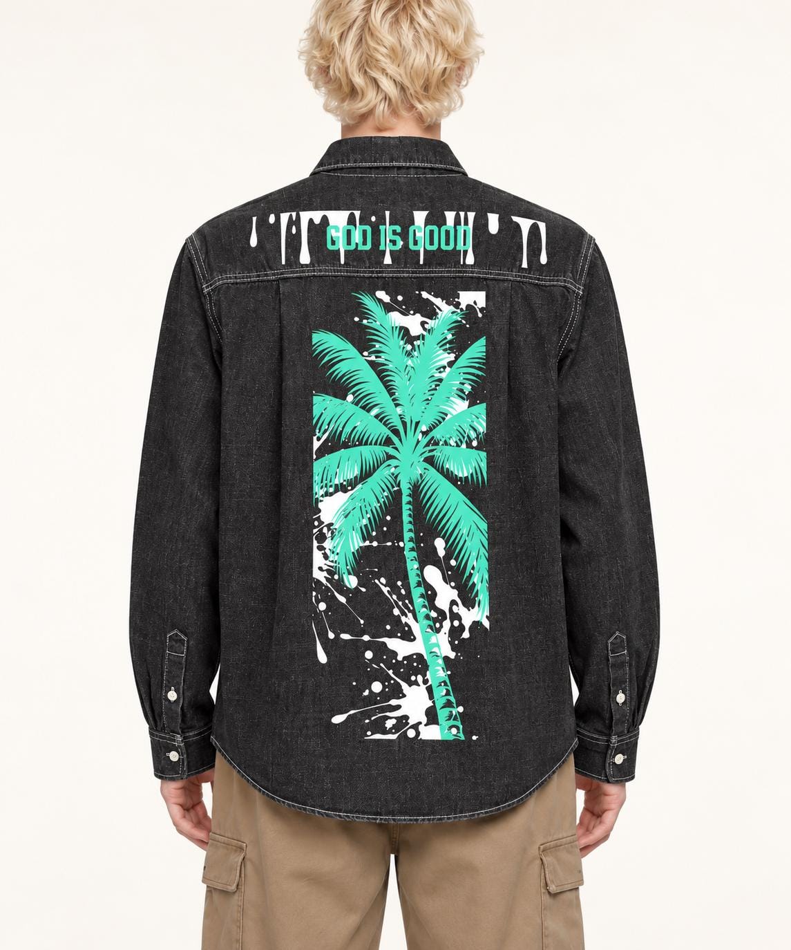 Washed Black Denim Shirt, Palm Tree & Paint Splatter Graphics, Men's Long Sleeve Button-Up