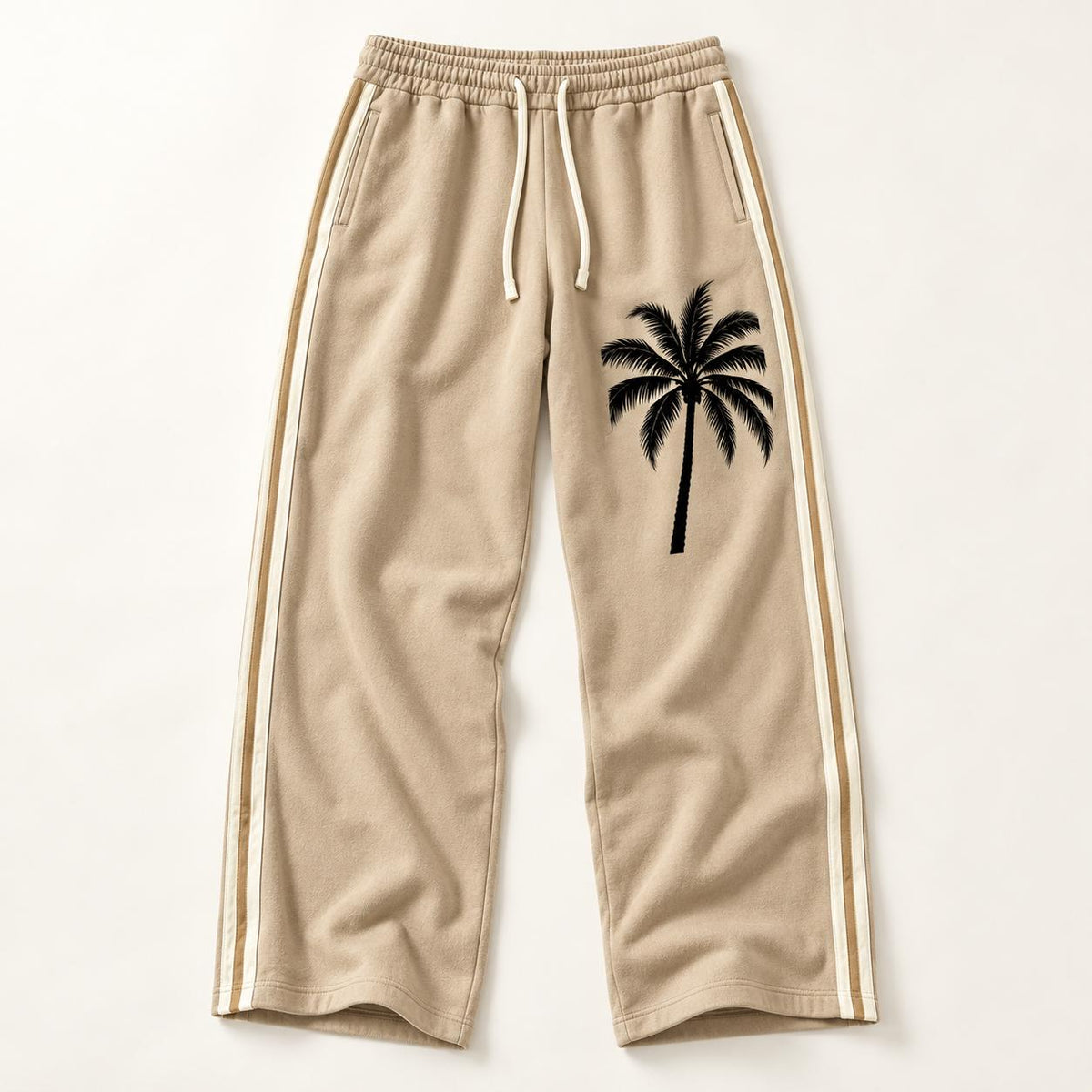 Men's Beige Palm Tree Sweatpants, Wide Leg Track Pants with Cream Stripes