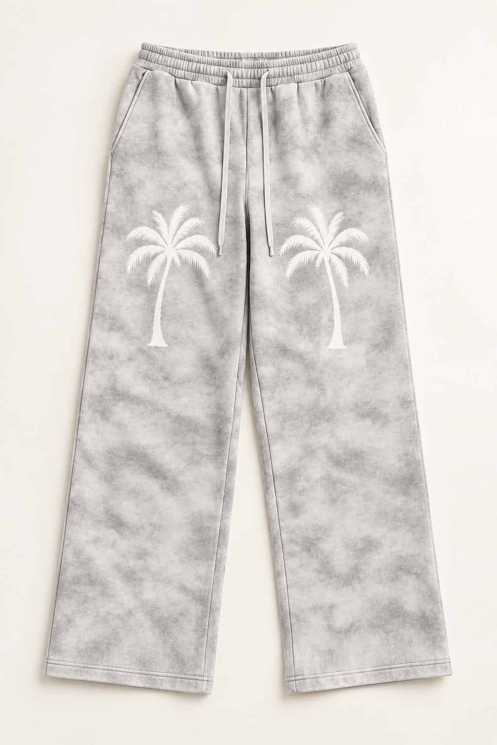 Dirty Washed Fleece Sweatpants: Palm Tree Print, Unisex Streetwear (410gsm)
