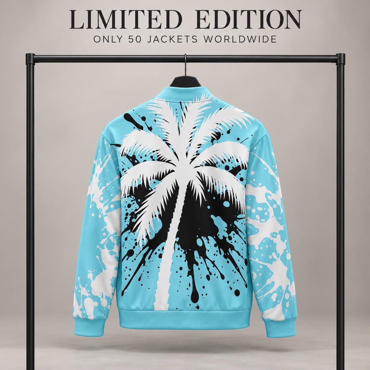 Limited Edition Aqua Palm Tree Bomber Jacket, White Black Splatter Zip-Up (Only 50 Worldwide)