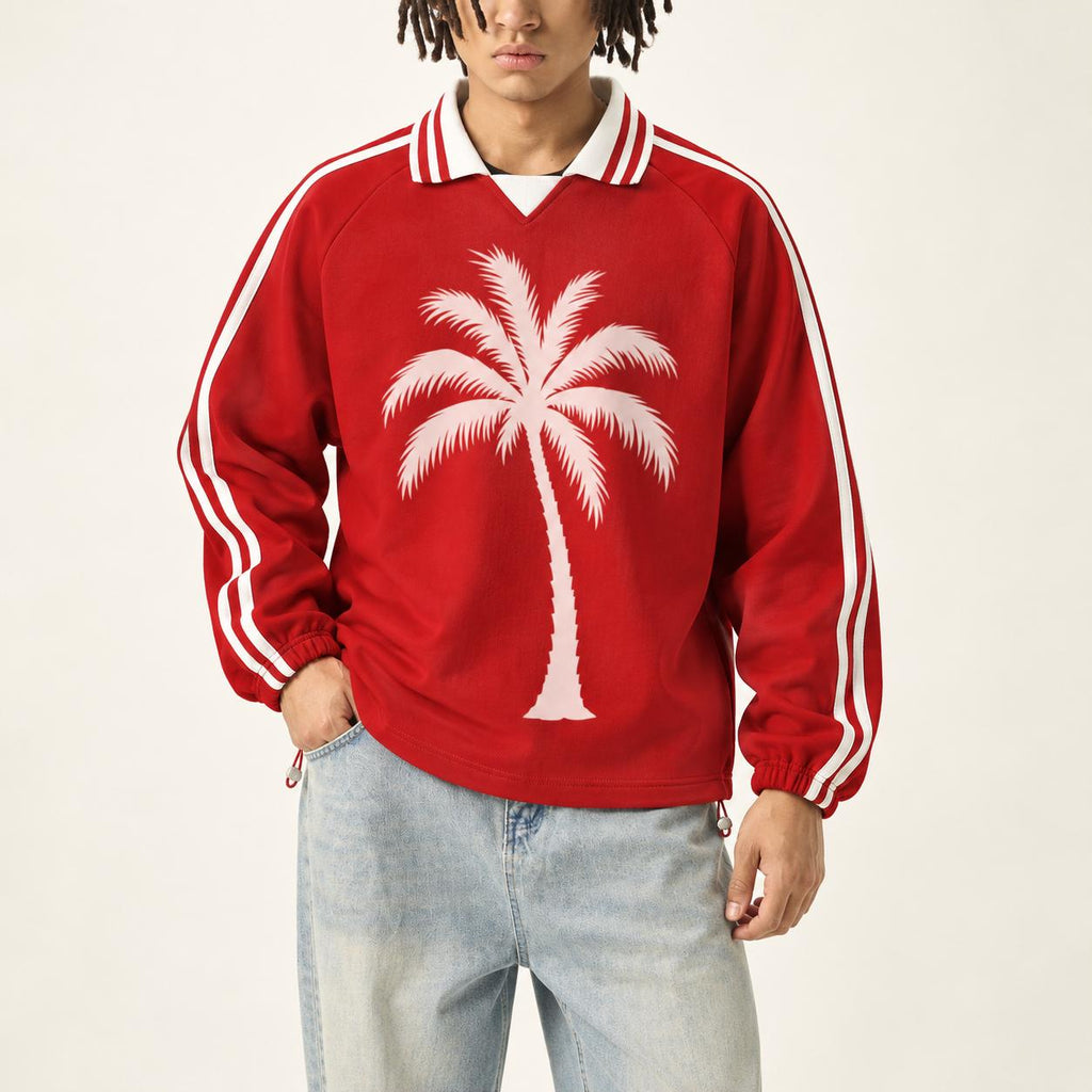 Red Palm Tree Rugby Pullover, Striped Collar, Paint-Splatter Back (Long Sleeve)