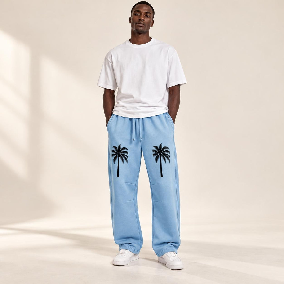 Men's Light Blue Palm Tree Sweatpants, Relaxed Straight Leg, Drawstring Waist