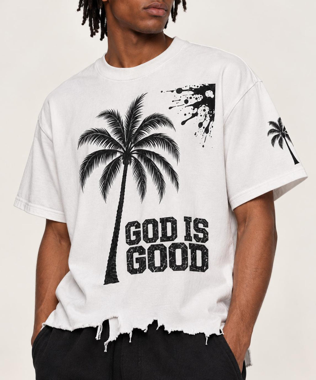 Oversized White T-Shirt, Black Palm Tree, Distressed Hem, Christian Streetwear