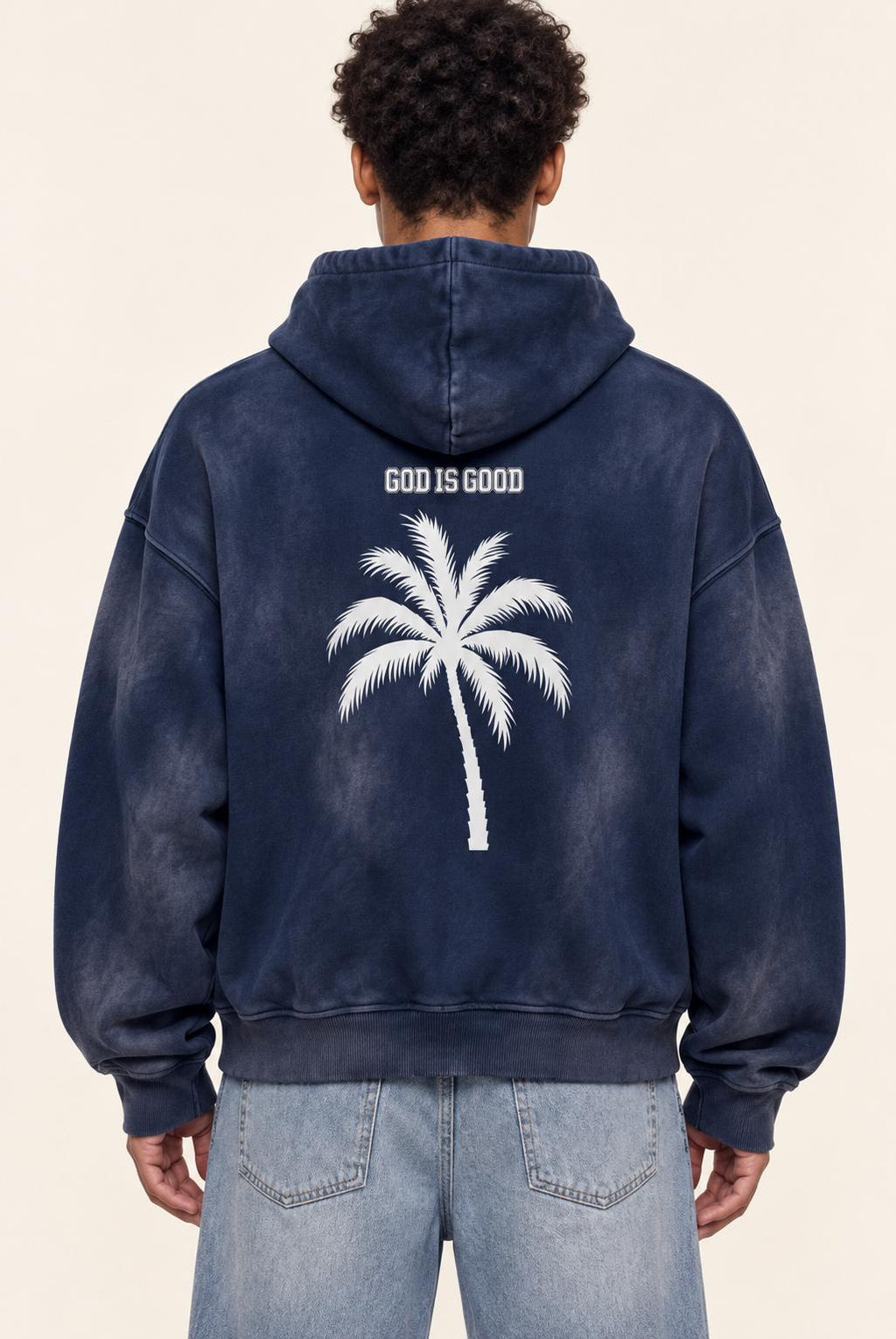 Washed Navy Palm Tree Hoodie, Christian Streetwear Sweatshirt, Oversized Pullover