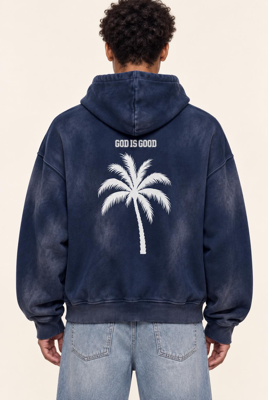 Washed Navy Palm Tree Hoodie, Christian Streetwear Sweatshirt, Oversized Pullover