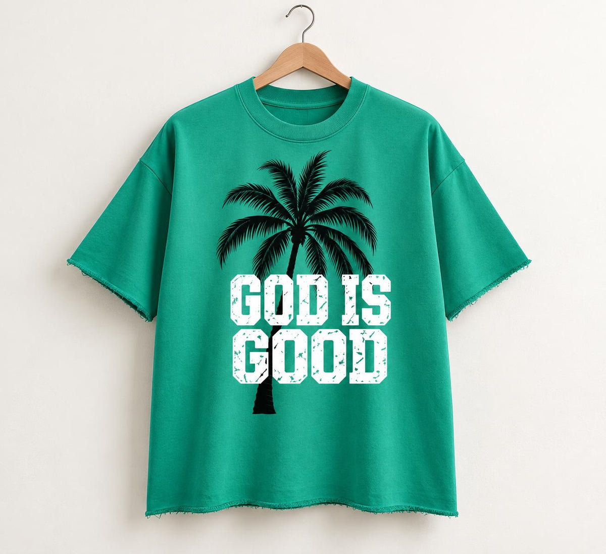 Green Oversized Palm Tree T-Shirt, Distressed "God Is Good" Lettering, Christian Streetwear