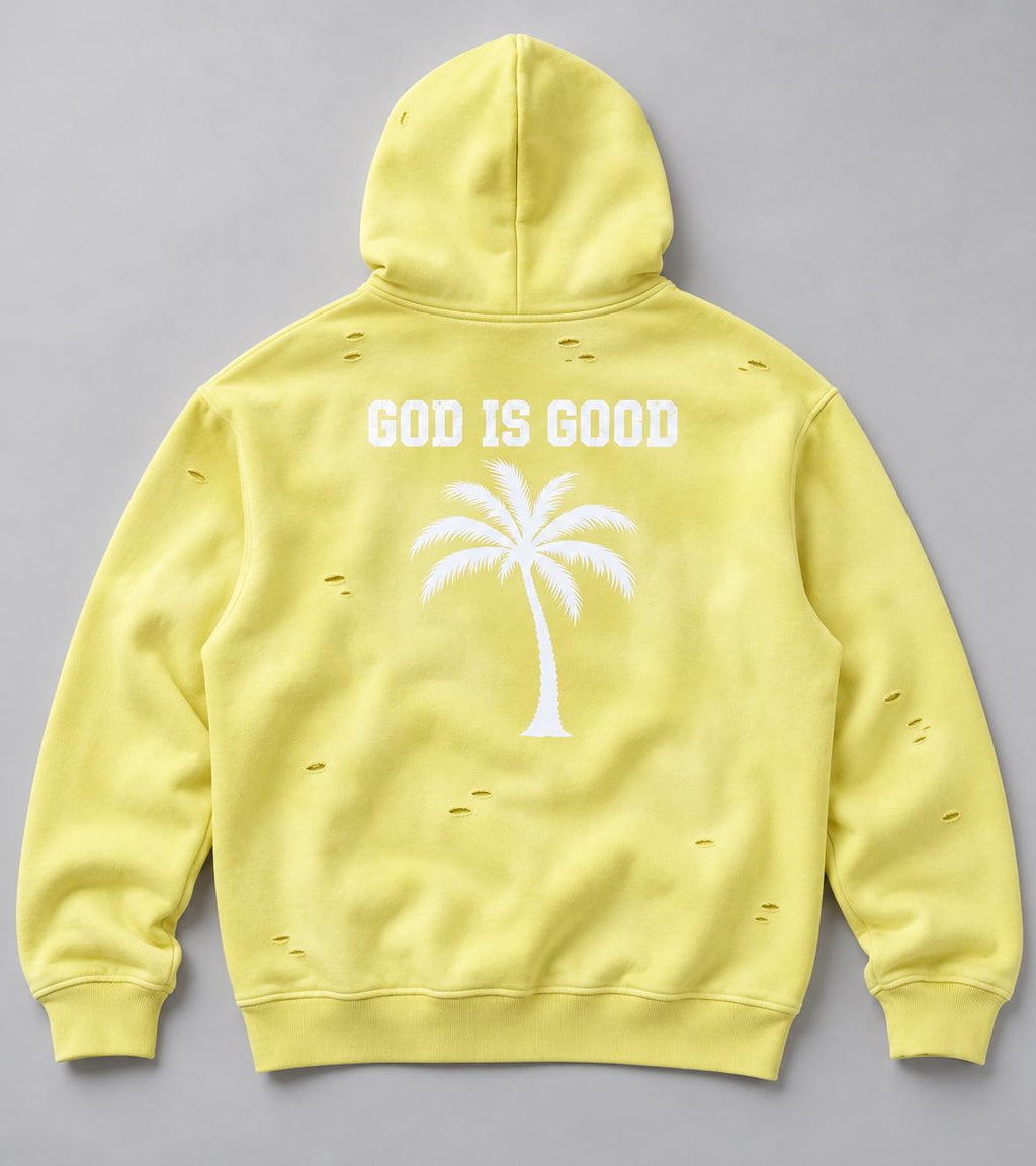 Yellow Distressed God Is Good Hoodie, Palm Tree Graphic Pullover, Oversized Christian Streetwear