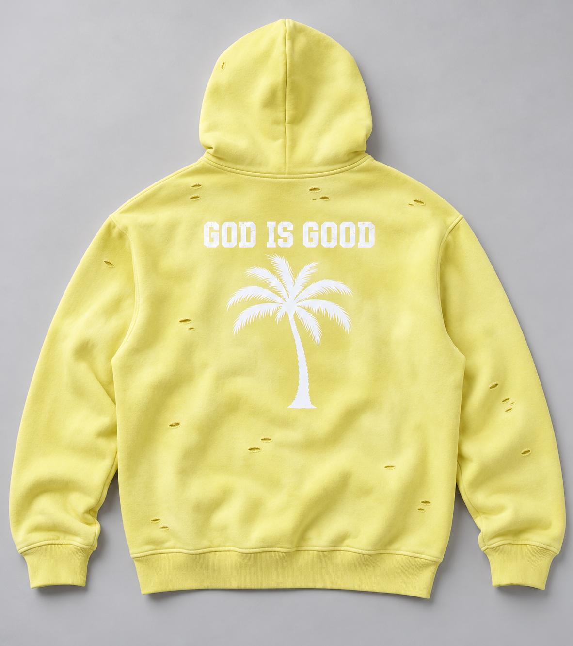 Yellow Distressed God Is Good Hoodie, Palm Tree Graphic Pullover, Oversized Christian Streetwear