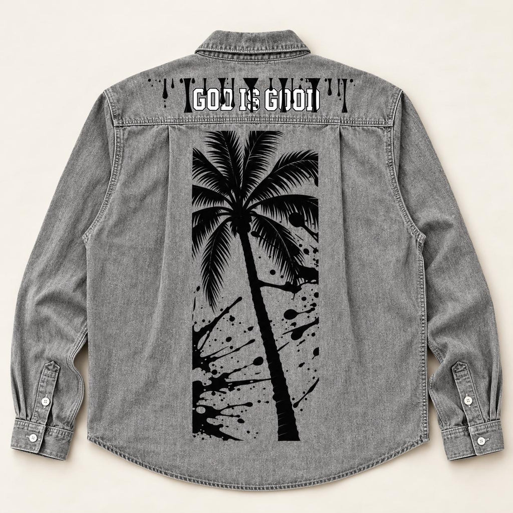 Washed Gray Denim Shirt, Palm Tree Graphics, "God Is Good" Back Design