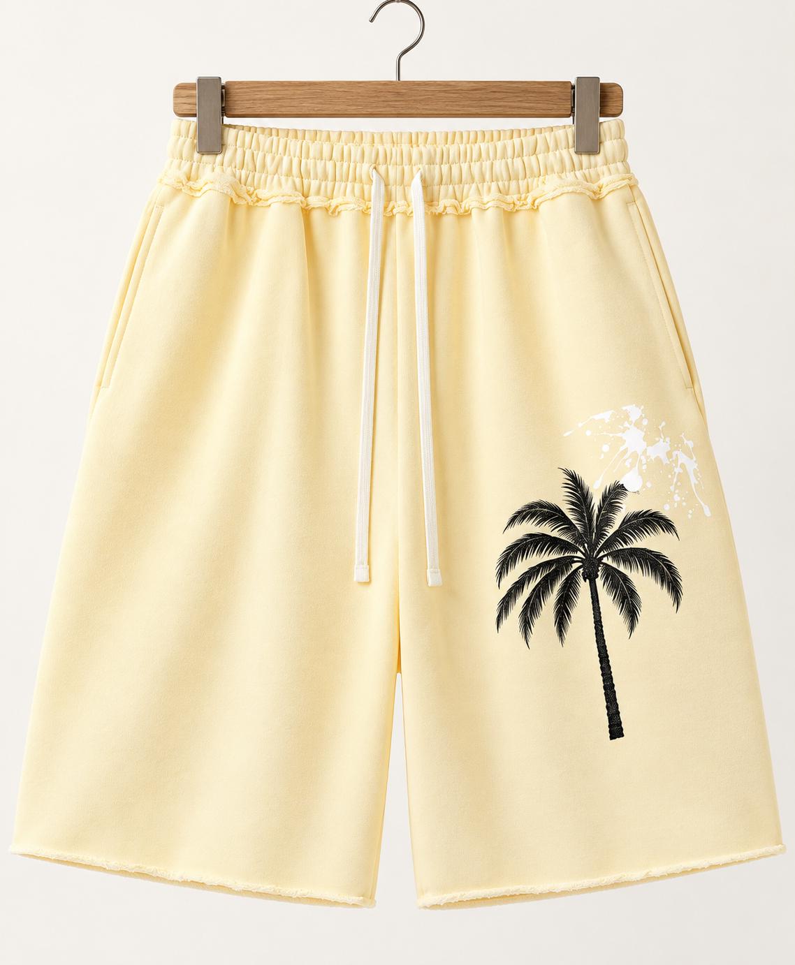 Butter Yellow Palm Tree Sweat Shorts, God Is Good Graphic, Relaxed Fit (Limited Edition)