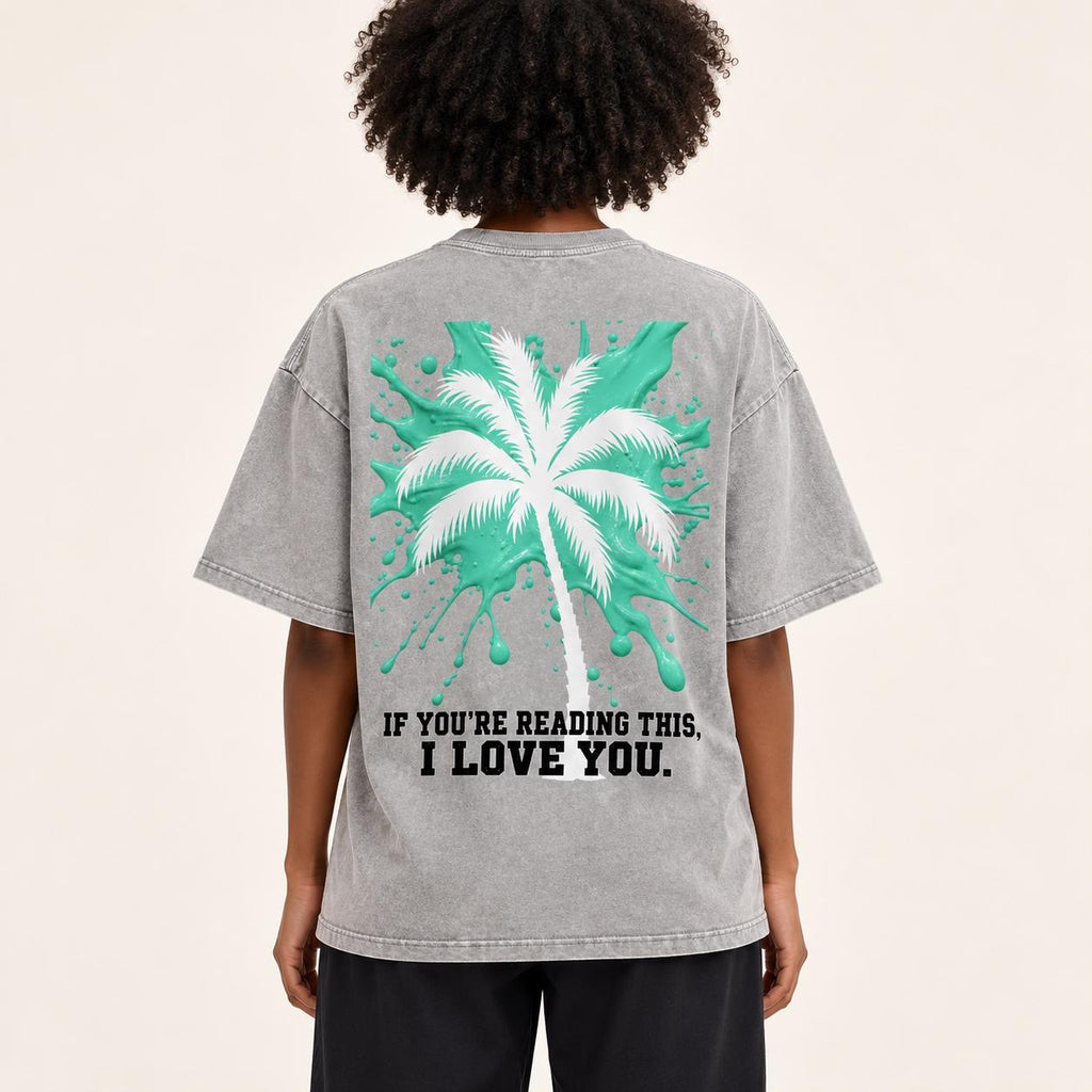 Oversized Palm Tree T-Shirt, Snow Washed Cotton, Mint Paint Drip Design (Unisex)