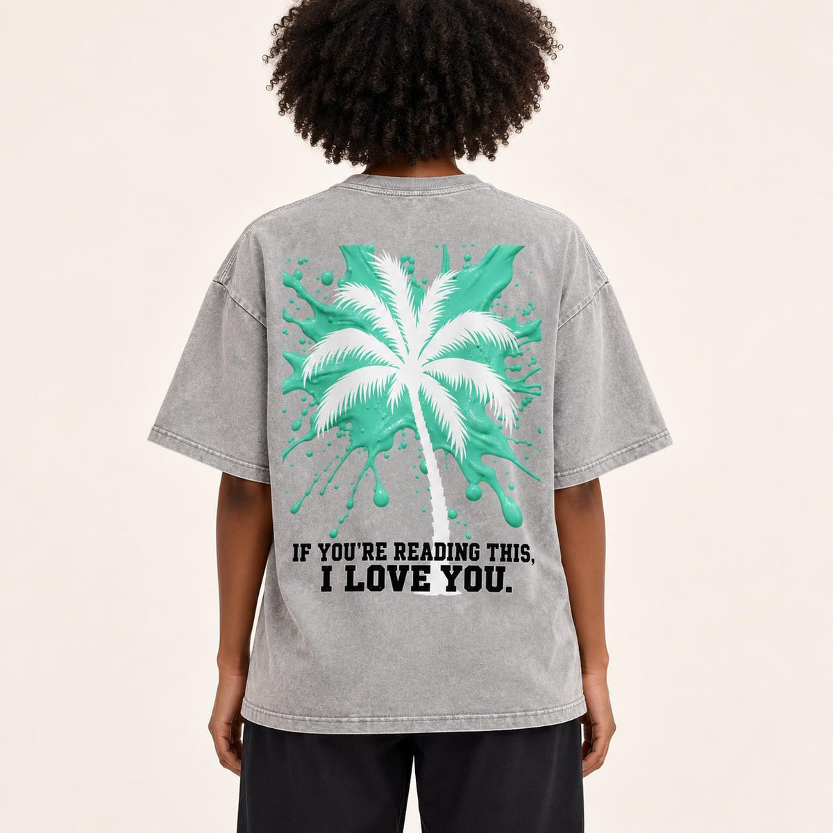 Oversized Palm Tree T-Shirt, Snow Washed Cotton, Mint Paint Drip Design (Unisex)