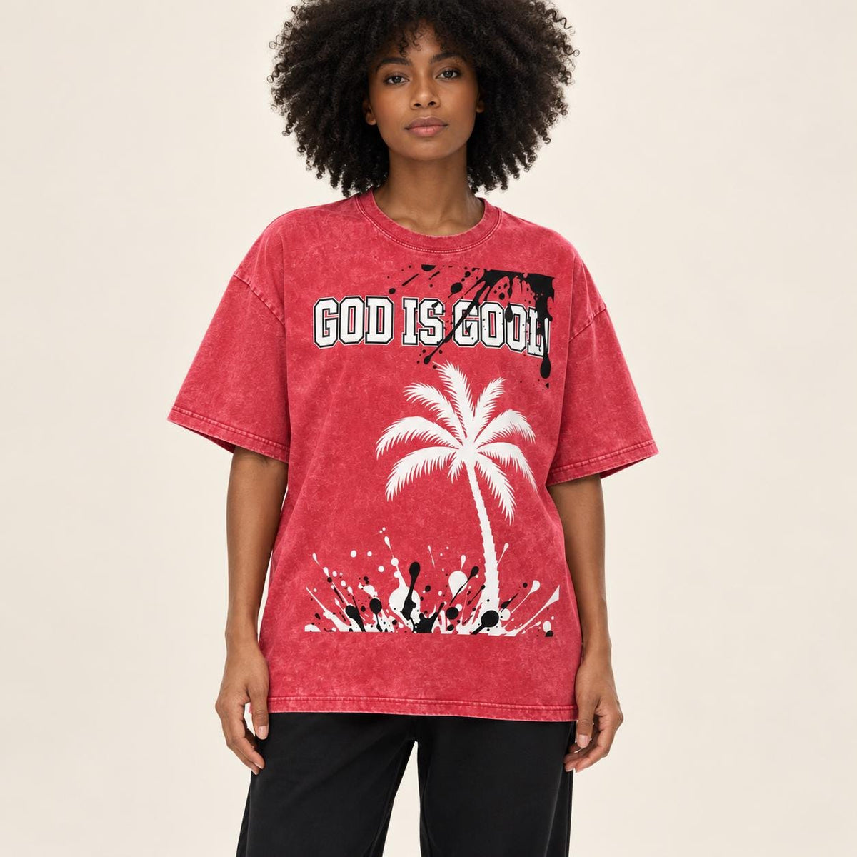 Washed Red Oversized T-Shirt, Palm Tree Graphic, Christian Streetwear (100% Cotton)