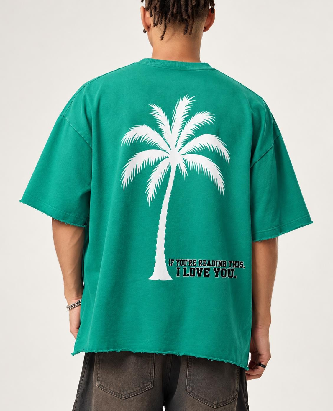 Green Oversized Palm Tree T-Shirt, Distressed "God Is Good" Lettering, Christian Streetwear