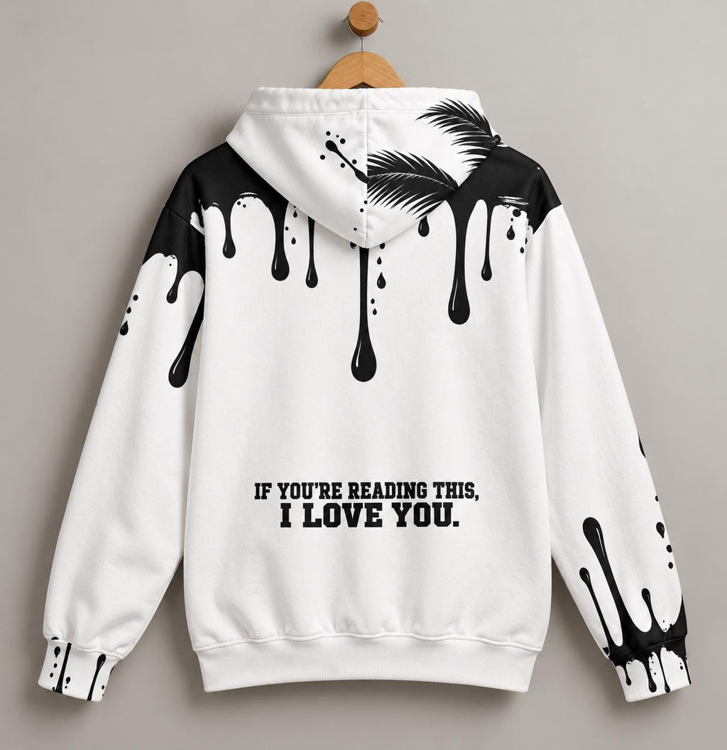 Limited Edition White Palm Tree Hoodie with Black Paint Splatter Drip Print, God Is Good Message