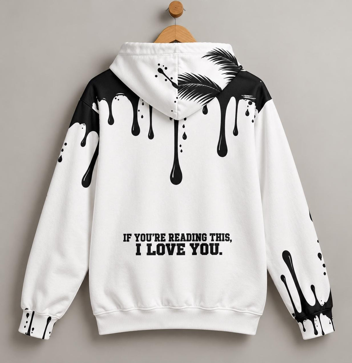 Limited Edition White Palm Tree Hoodie with Black Paint Splatter Drip Print, God Is Good Message
