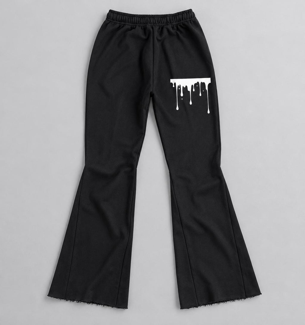 Black Palm Tree Sweatpants, White Paint Drip Graphic, Flared Raw Hem Pants