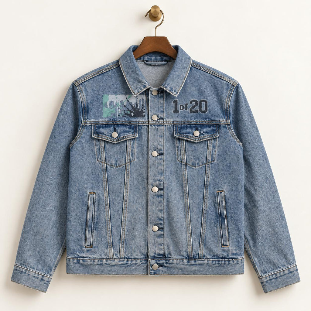 God Is Good Denim Jacket, Washed Blue Trucker Jacket with Palm Tree Graphic - Streetwear
