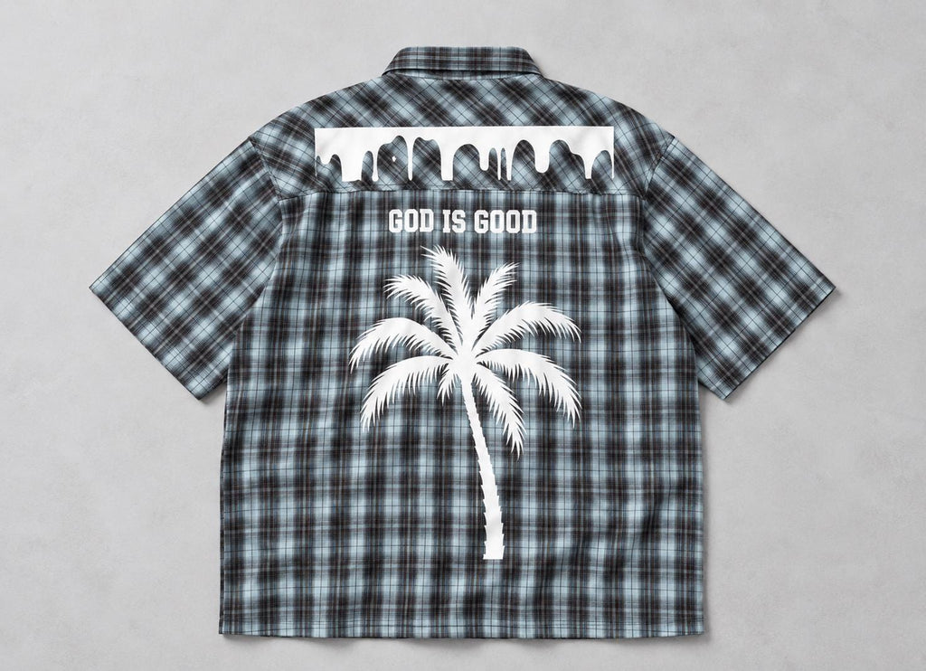 God Is Good Plaid Button-Up Shirt, Palm Tree Graphic, Oversized Streetwear