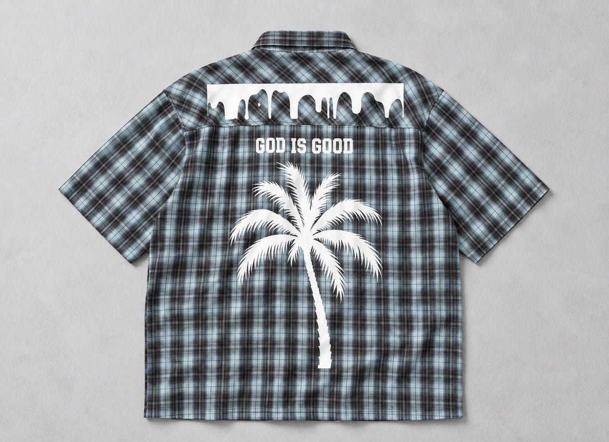 God Is Good Plaid Button-Up Shirt, Palm Tree Graphic, Oversized Streetwear