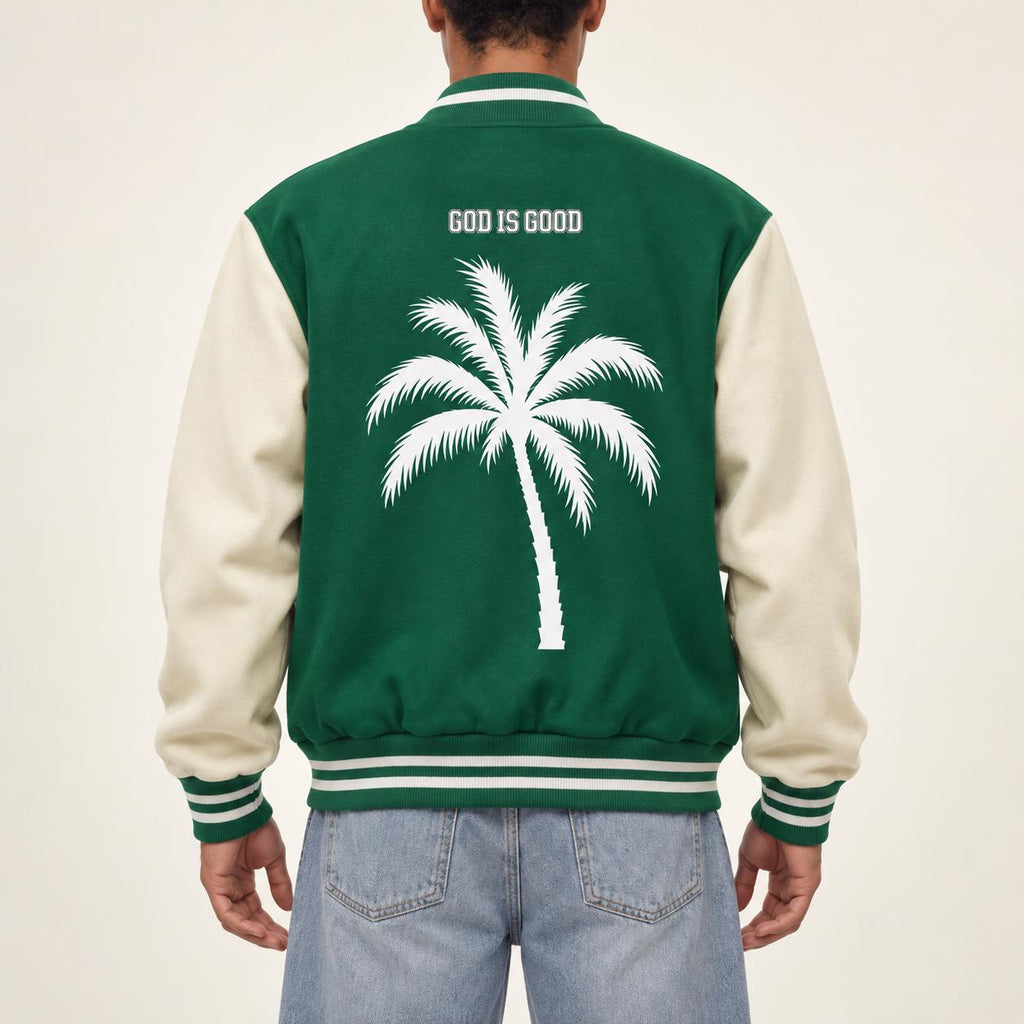 God Is Good Varsity Jacket, Green and Cream Palm Tree Letterman Jacket, Christian Streetwear