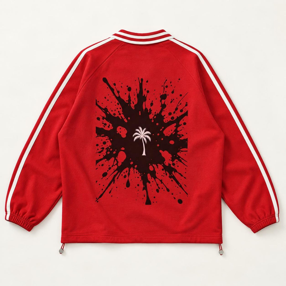 Red Palm Tree Rugby Pullover, Striped Collar, Paint-Splatter Back (Long Sleeve)