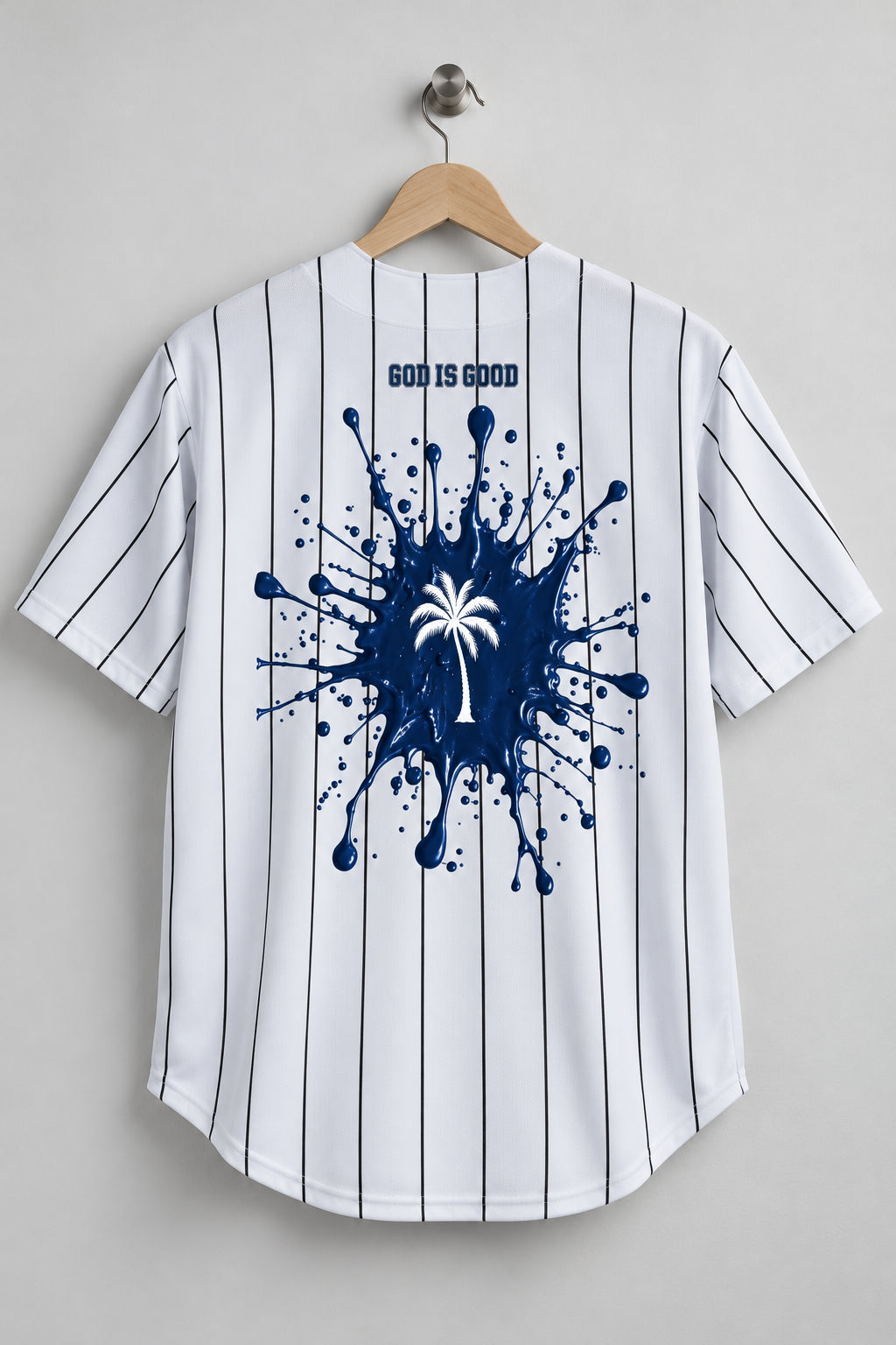 God Is Good Navy Palm & Paint Splatter Pinstripe Baseball Jersey