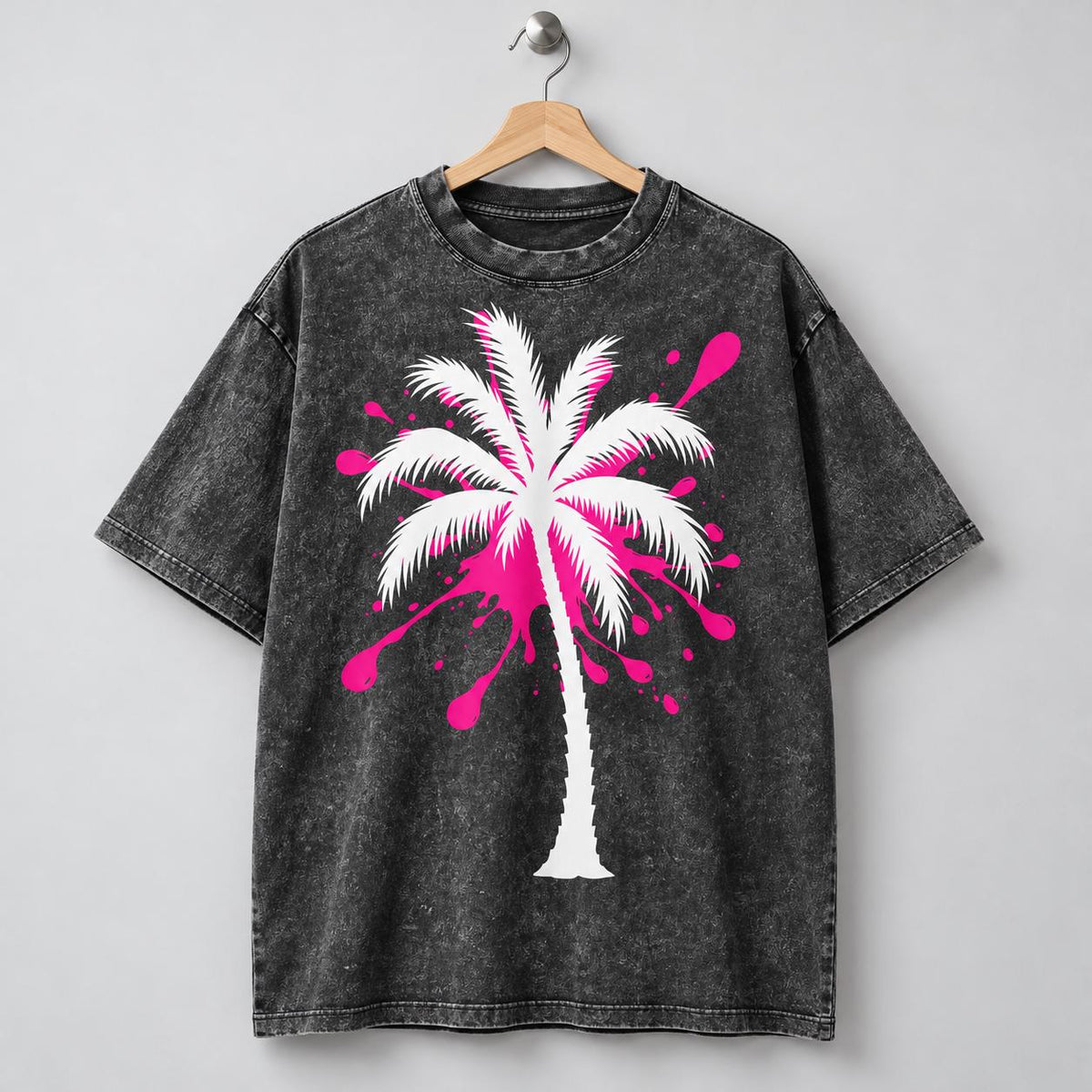 Oversized Washed Charcoal Palm Tree Tee, Pink Splatter, God Is Good (Graphic T-Shirt)