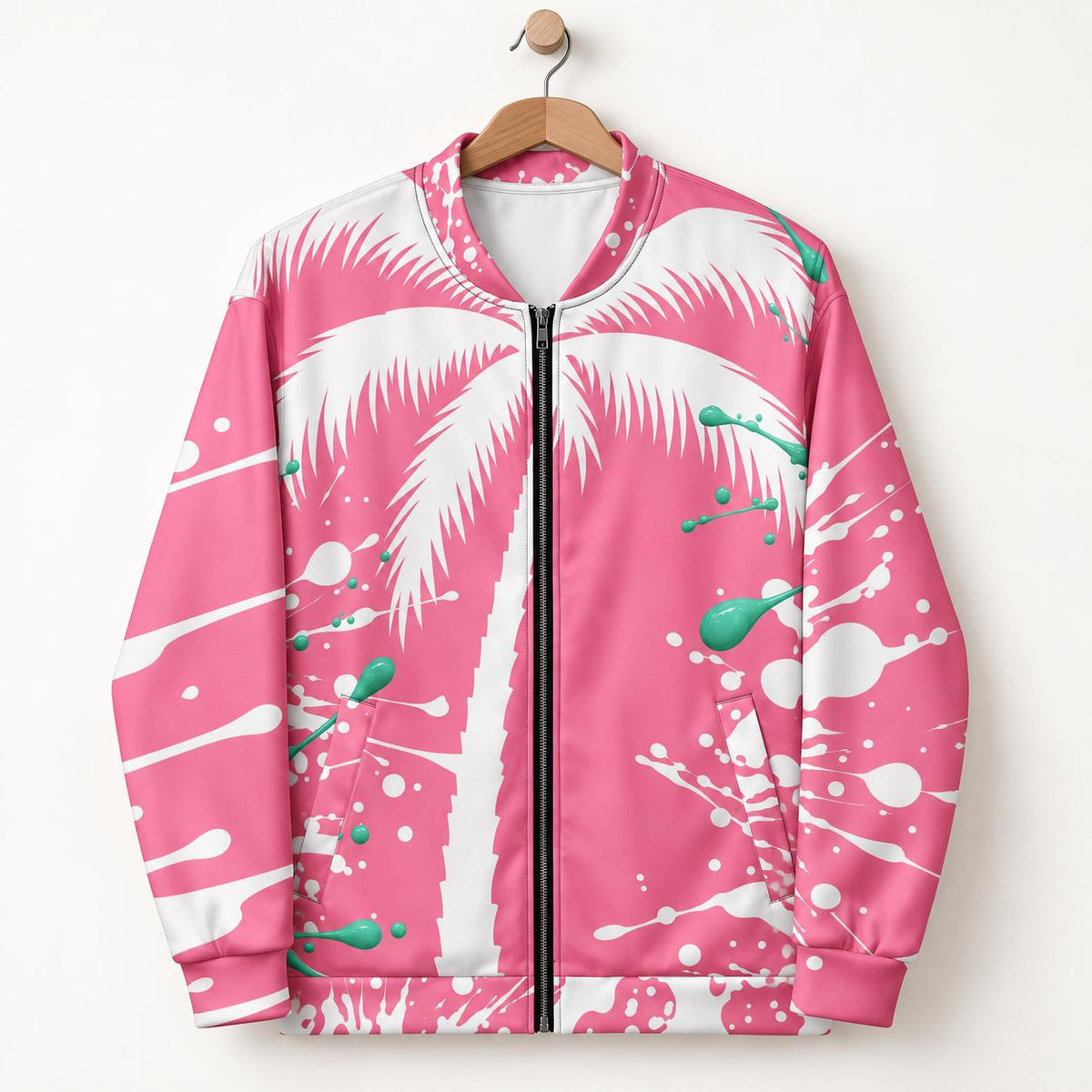 Pink Palm Tree Bomber Jacket, Mint Green Paint Splatter Print, Zip Up Streetwear