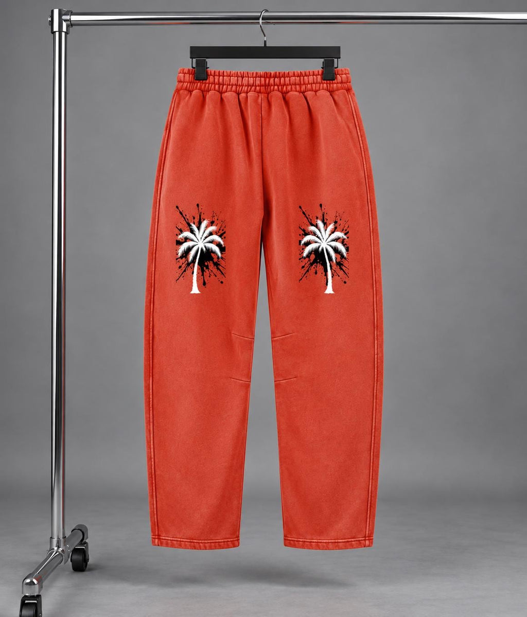 God Is Good Red Orange Sweatpants, Palm Tree Graphic Pants, Relaxed Wide Leg Streetwear