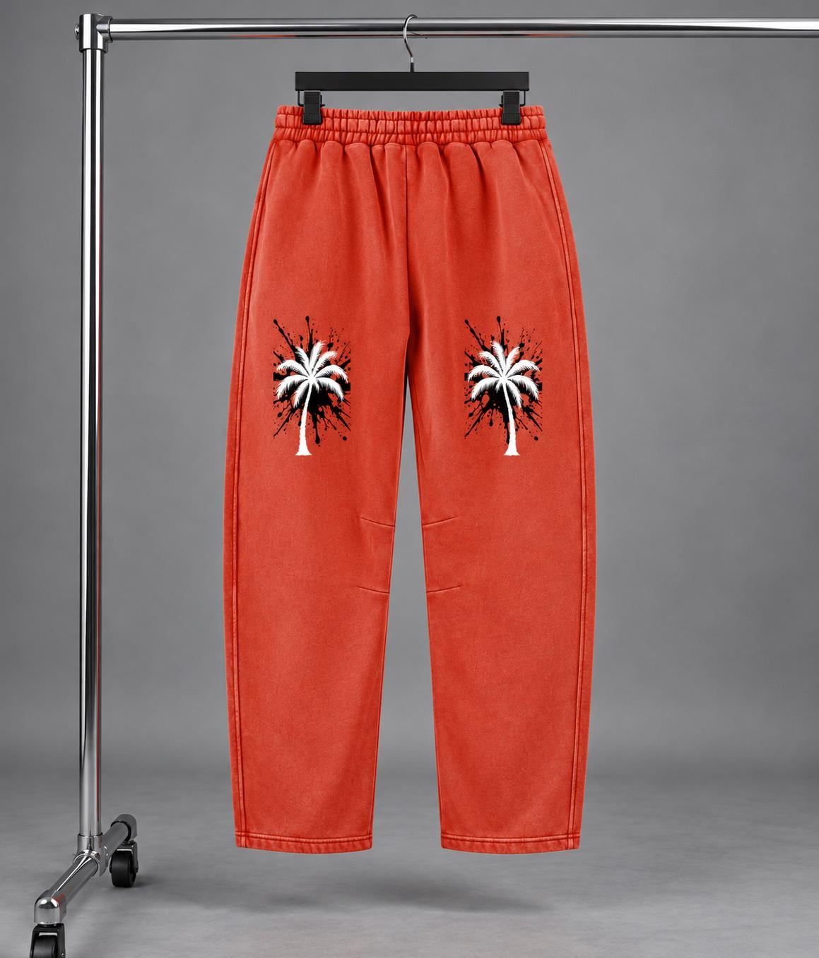 God Is Good Red Orange Sweatpants, Palm Tree Graphic Pants, Relaxed Wide Leg Streetwear
