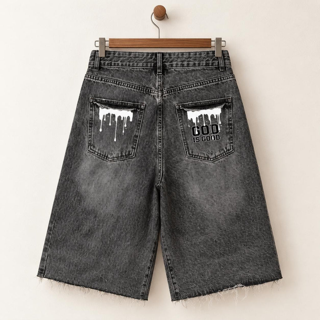 Washed Black Denim Bermuda Shorts, Palm Tree Paint Drip Graphics, God Is Good