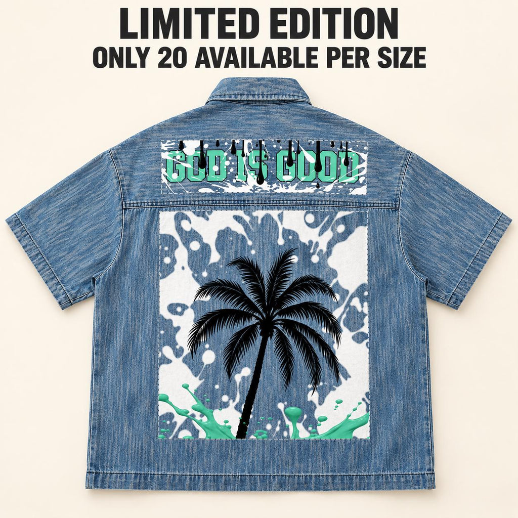 Limited Edition Denim Shirt, Palm Tree Paint Splatter, Distressed Blue (20 Available)